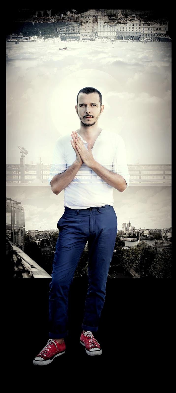 Beidaoui(es), Cédric Matet : homme en chemise blanche, mains jointes, sur fond de ville inversée, Casablanca